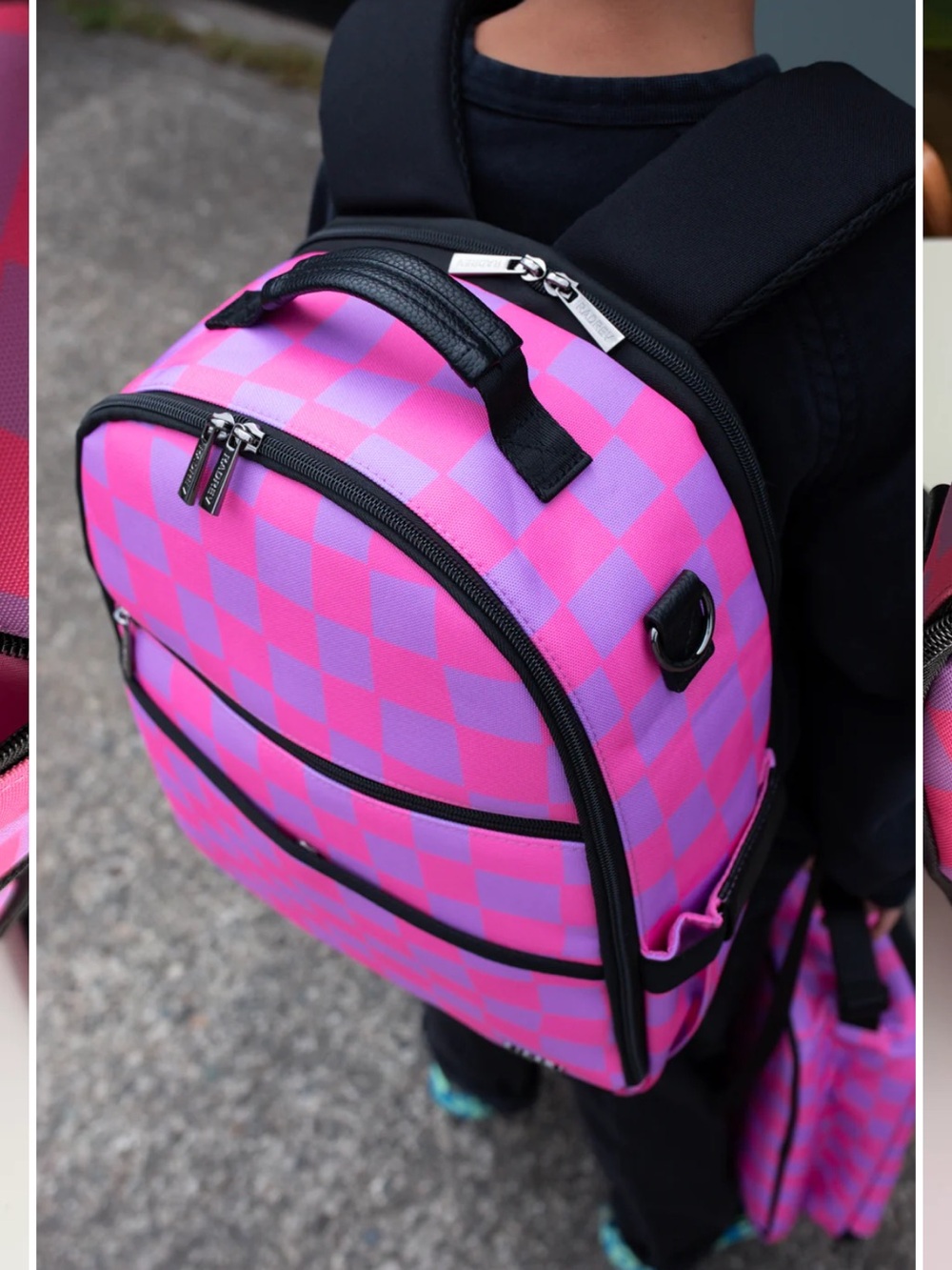 Pink & Lavender Checkerboard Mini Backpack with Black Trim